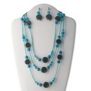 Handcrafted Ocean Hues Blue Green Porcelain Glass Necklace Earrings Jewelry Set
